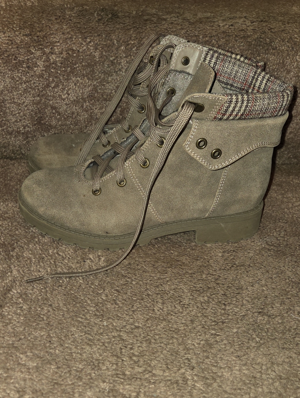 Jellypop Taupe Lace-Up Ankle Boots with Plaid Cuff